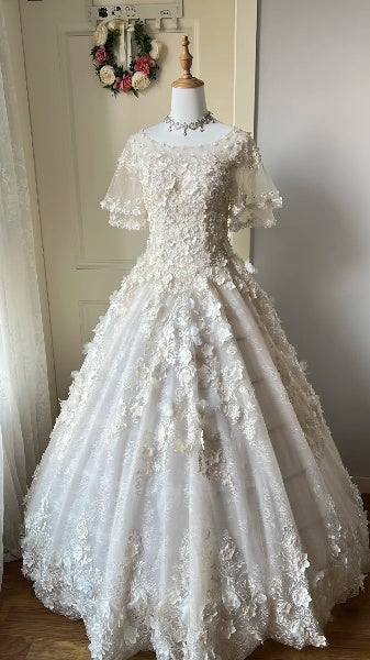 Sweet 15 Quinceanera Dress Ball Gown Scoop With Lace Appliques Short Sleeves Long 15th Birthday Gown RC0499