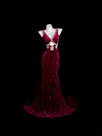 Velvet Prom Dress Mermaid V Neck Backless Appliques Lace Floor Length Formal Party Gown RB9930