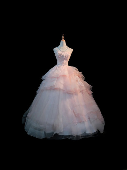 Niedliches Ballkleid, trägerlos, rosa Tüll, lange Ärmel, Sweet 16 Kleider, siebzehn Quince Kleid RB3582