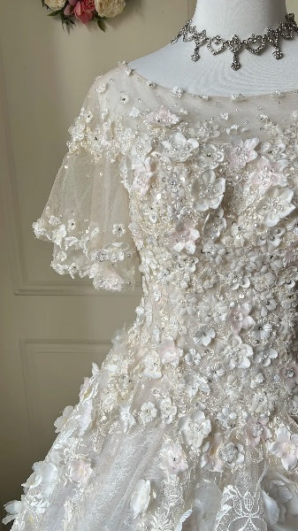 Sweet 15 Quinceanera Dress Ball Gown Scoop With Lace Appliques Short Sleeves Long 15th Birthday Gown RC0499