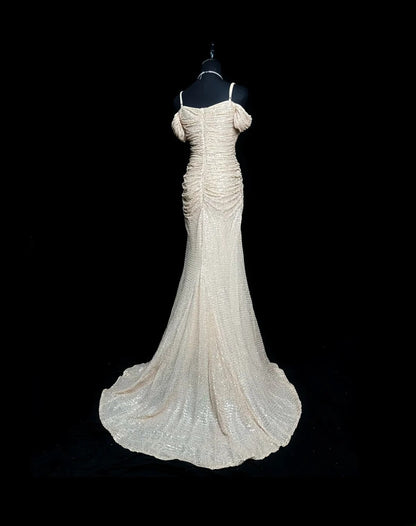 Modest Prom Dresses Mermaid Off The Shoulder Slit Sequin Long Party Dress Formal Outfits RB5944