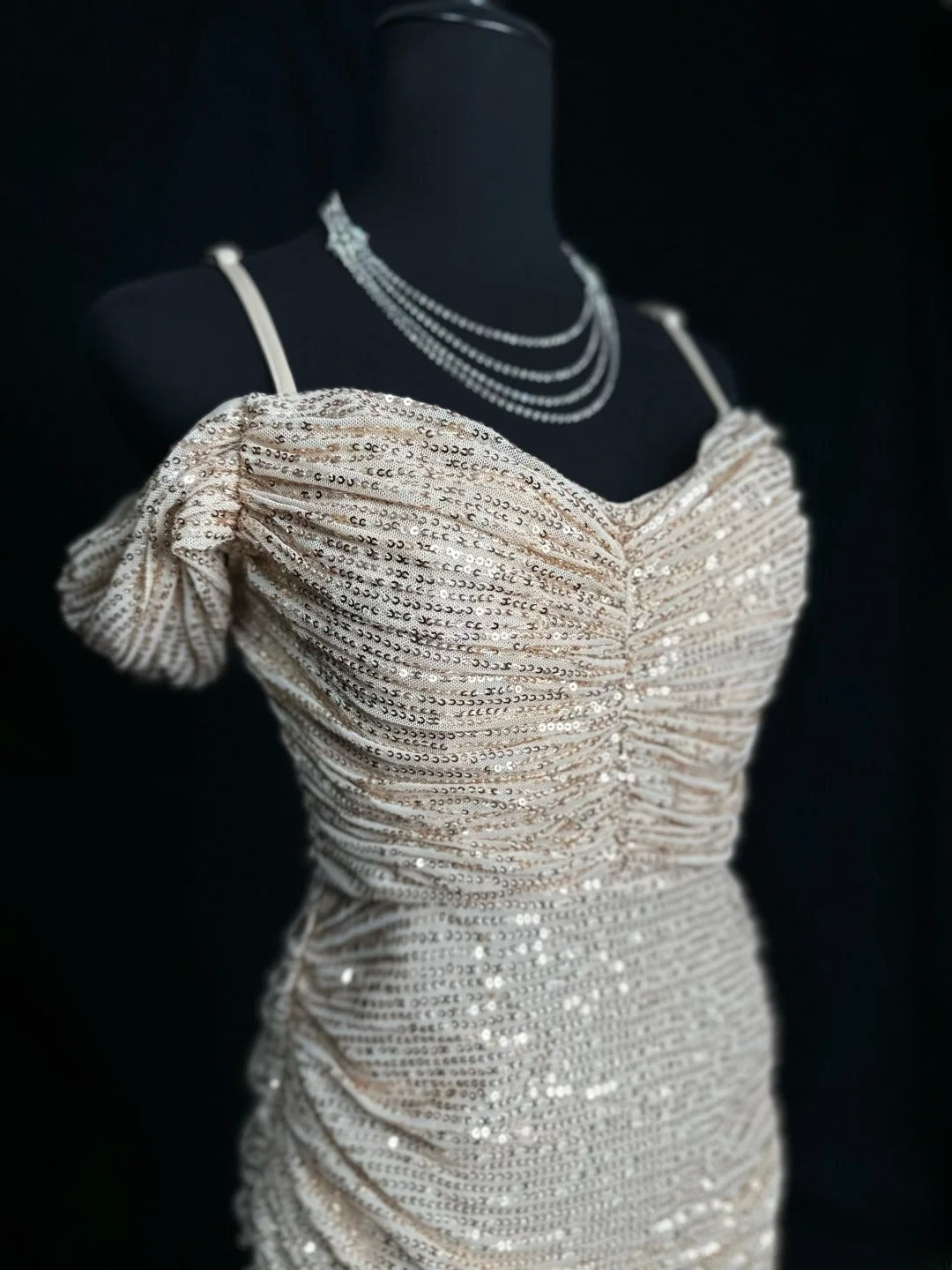 Modest Prom Dresses Mermaid Off The Shoulder Slit Sequin Long Party Dress Formal Outfits RB5944
