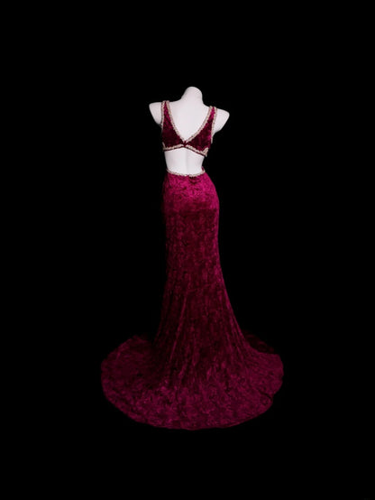 Velvet Prom Dress Mermaid V Neck Backless Appliques Lace Floor Length Formal Party Gown RB9930