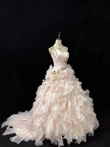 Princess Ball Gown One Shoulder Pink With Tiered Layers Chiffon Quince Dress Voluminous Sweet 16 Sweet Sixteen Outfits Vestido de 15 RB7505