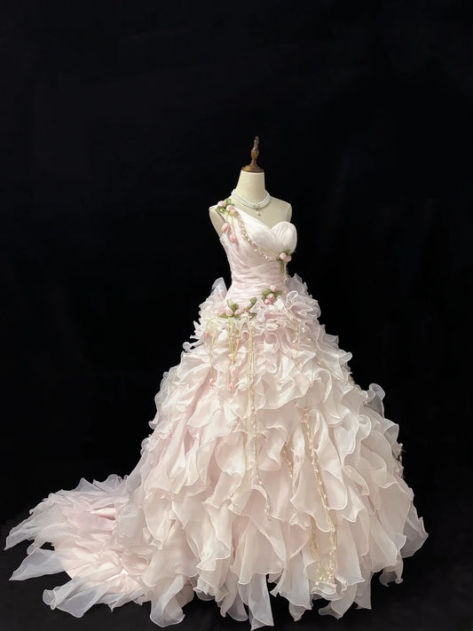 Prinzessinnen-Ballkleid mit einer Schulter, Rosa, mit gestuften Chiffon-Lagen, Quince-Kleid, voluminöses Sweet 16 Outfit, Vestido de 15, RB7505