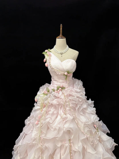 Princess Ball Gown One Shoulder Pink With Tiered Layers Chiffon Quince Dress Voluminous Sweet 16 Sweet Sixteen Outfits Vestido de 15 RB7505