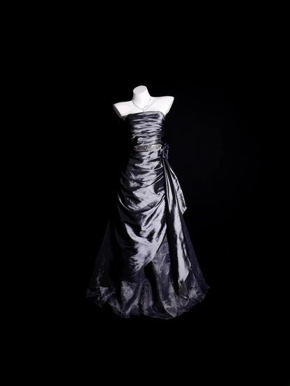 Grey Prom Dress Ball Gown Strapless Satin With Ruffled Floor Length Formal Party Gown RB9932