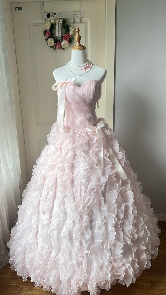 Dezentes bodenlanges Sweet-16-Kleid in Rosa mit Herzausschnitt, Tüll und Stufenrock, Ballkleid für Sweet-Sixteen-Party und Geburtstag RC0500