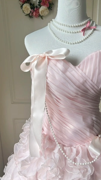 Dezentes bodenlanges Sweet-16-Kleid in Rosa mit Herzausschnitt, Tüll und Stufenrock, Ballkleid für Sweet-Sixteen-Party und Geburtstag RC0500