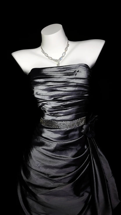 Grey Prom Dress Ball Gown Strapless Satin With Ruffled Floor Length Formal Party Gown RB9932