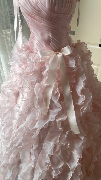Dezentes bodenlanges Sweet-16-Kleid in Rosa mit Herzausschnitt, Tüll und Stufenrock, Ballkleid für Sweet-Sixteen-Party und Geburtstag RC0500