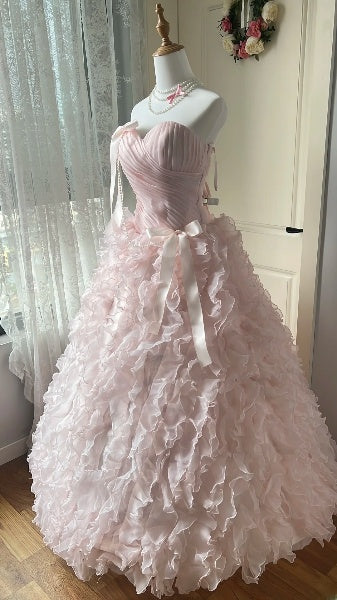 Dezentes bodenlanges Sweet-16-Kleid in Rosa mit Herzausschnitt, Tüll und Stufenrock, Ballkleid für Sweet-Sixteen-Party und Geburtstag RC0500