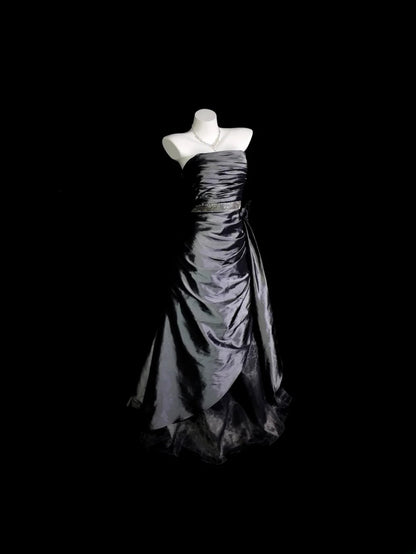 Grey Prom Dress Ball Gown Strapless Satin With Ruffled Floor Length Formal Party Gown RB9932