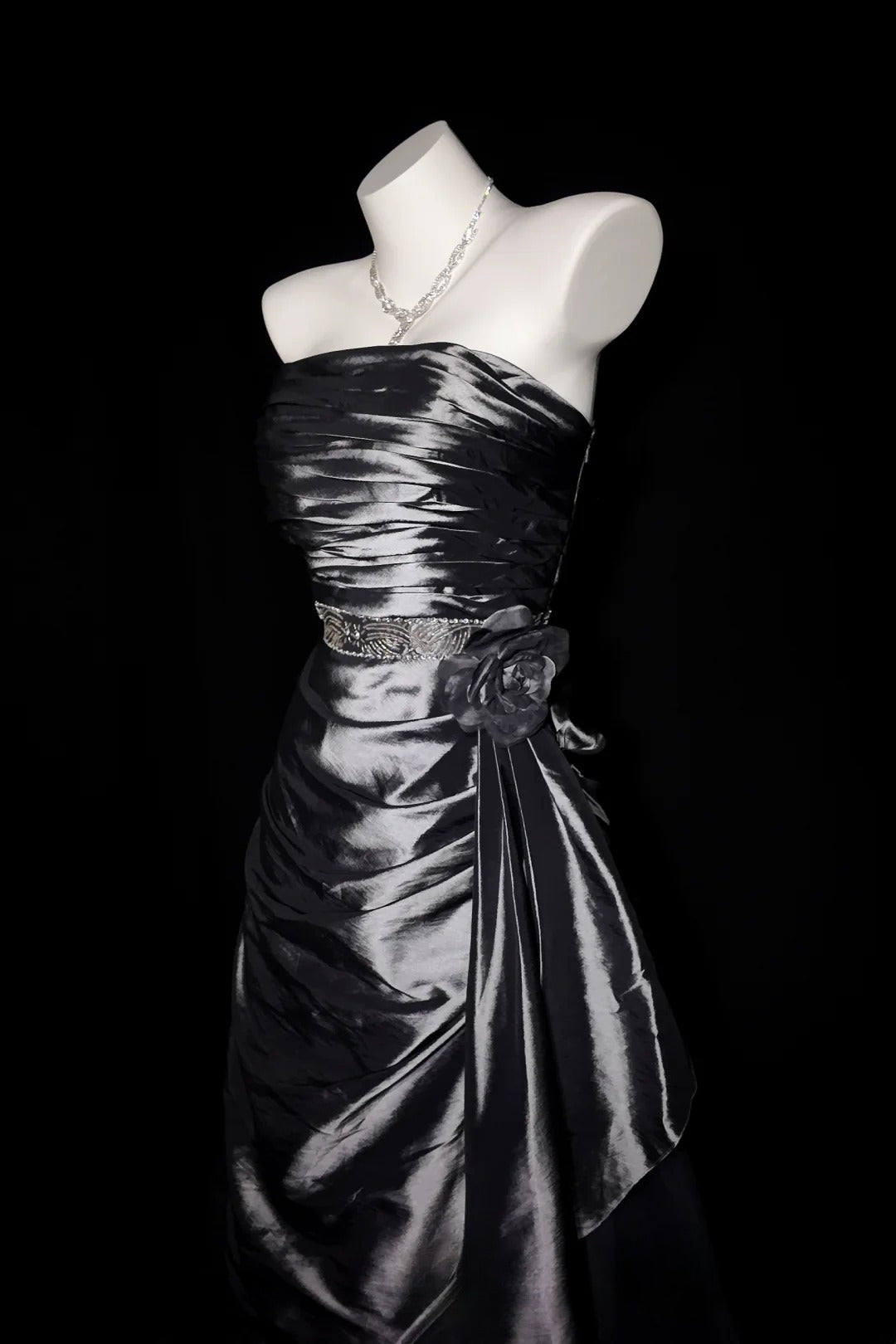 Grey Prom Dress Ball Gown Strapless Satin With Ruffled Floor Length Formal Party Gown RB9932