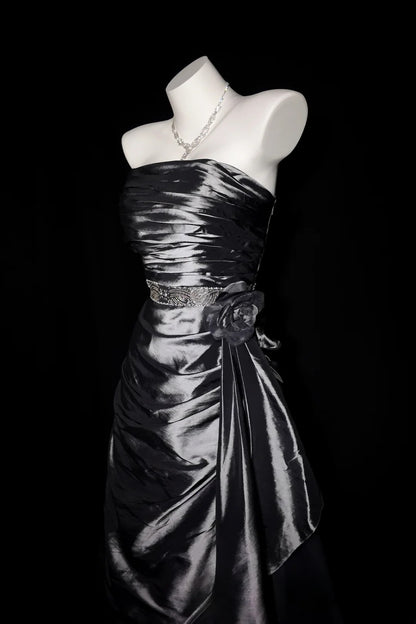Grey Prom Dress Ball Gown Strapless Satin With Ruffled Floor Length Formal Party Gown RB9932