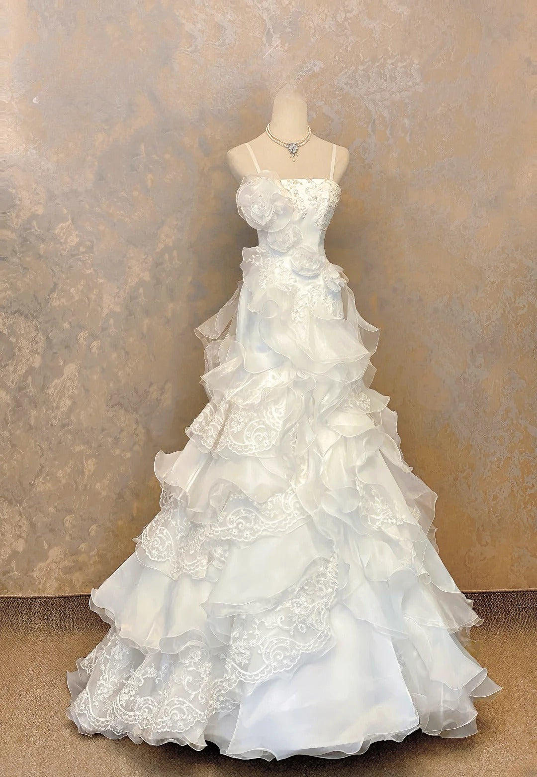 Princess Mermaid Spaghetti Straps White With Flowers Tiered Floor Length Bridal Gown RB9094