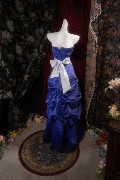 Vintage Mermaid Strapless Royal Blue Satin With Tiered Long Prom Dresses Formal Outfits Evening Night Gown RB8140