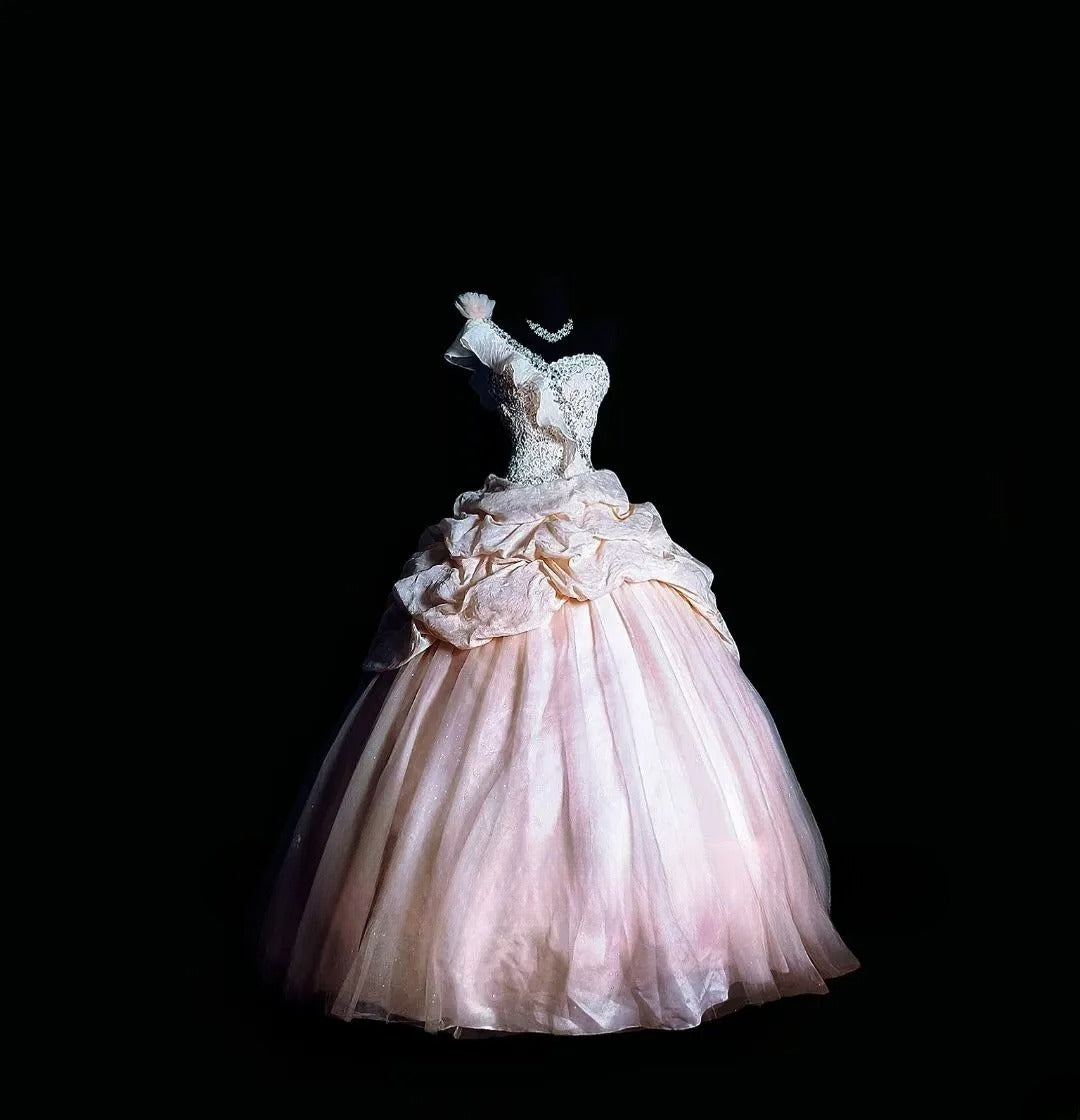 Cute Ball Gown One Shoulder Pink Long Quinceañera Dress Moda 2000 15 Quinceanera Dresses Ideas Sweet 16 Outfit RB7116