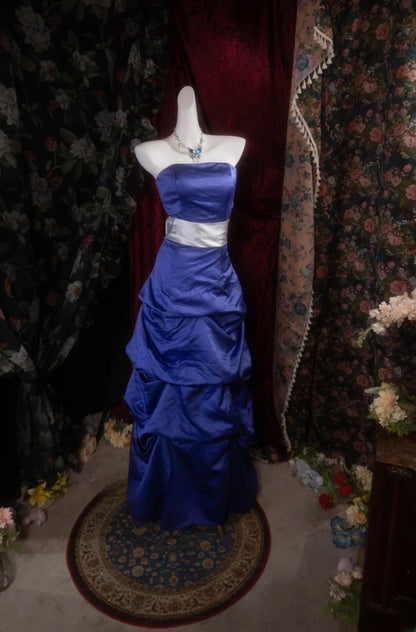 Vintage Mermaid Strapless Royal Blue Satin With Tiered Long Prom Dresses Formal Outfits Evening Night Gown RB8140