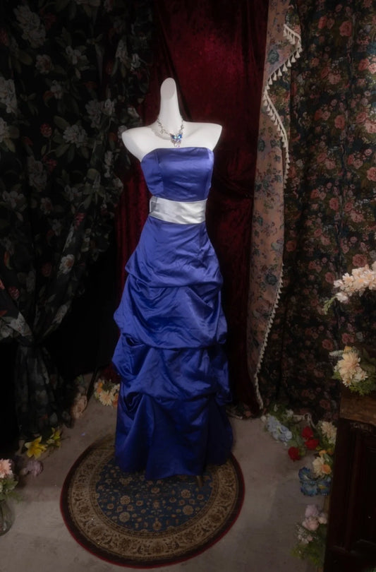 Vintage Mermaid Strapless Royal Blue Satin With Tiered Long Prom Dresses Formal Outfits Evening Night Gown RB8140