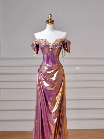 Robe de bal longue rose sirène élégante à épaules dénudées et manches courtes, tenue de soirée dansante, robe de soirée AQ136