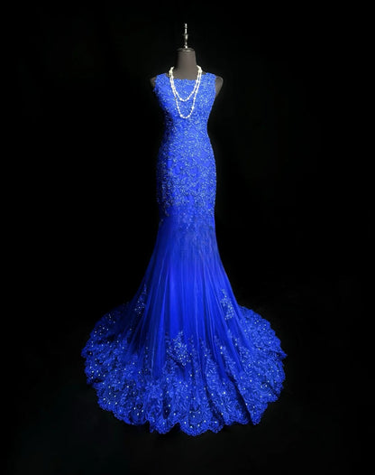 Modest Prom Dresses Mermaid Scoop Royal Blue Backless Tulle With Appliqued Long Party Dress Formal Outfits RB5946