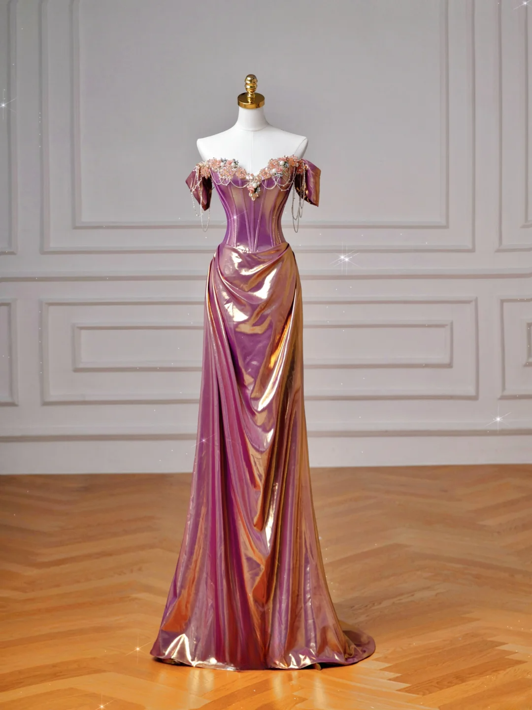 Robe de bal longue rose sirène élégante à épaules dénudées et manches courtes, tenue de soirée dansante, robe de soirée AQ136