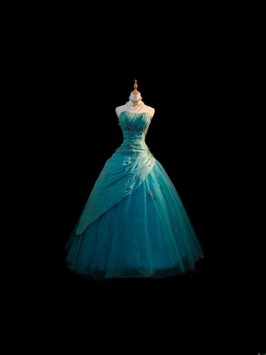 Niedliches Ballkleid, trägerlos, blaues Taft mit Applikationen, langes ärmelloses Sweet 16 Kleid, Seventeen Quince Kleid RB3584