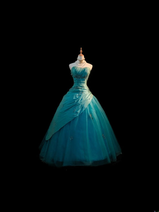 Niedliches Ballkleid, trägerlos, blaues Taft mit Applikationen, langes ärmelloses Sweet 16 Kleid, Seventeen Quince Kleid RB3584