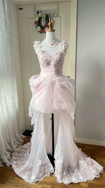 Abschlussballkleid Vokuhila Herz ausschnitt Rosa mit Spitze Festliches Abendkleid für ältere Damen RC0502