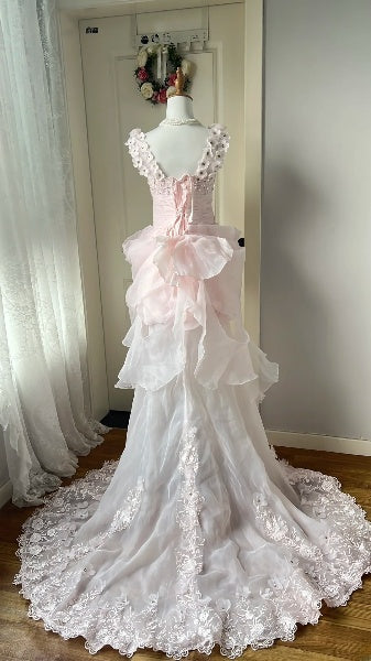 Abschlussballkleid Vokuhila Herz ausschnitt Rosa mit Spitze Festliches Abendkleid für ältere Damen RC0502
