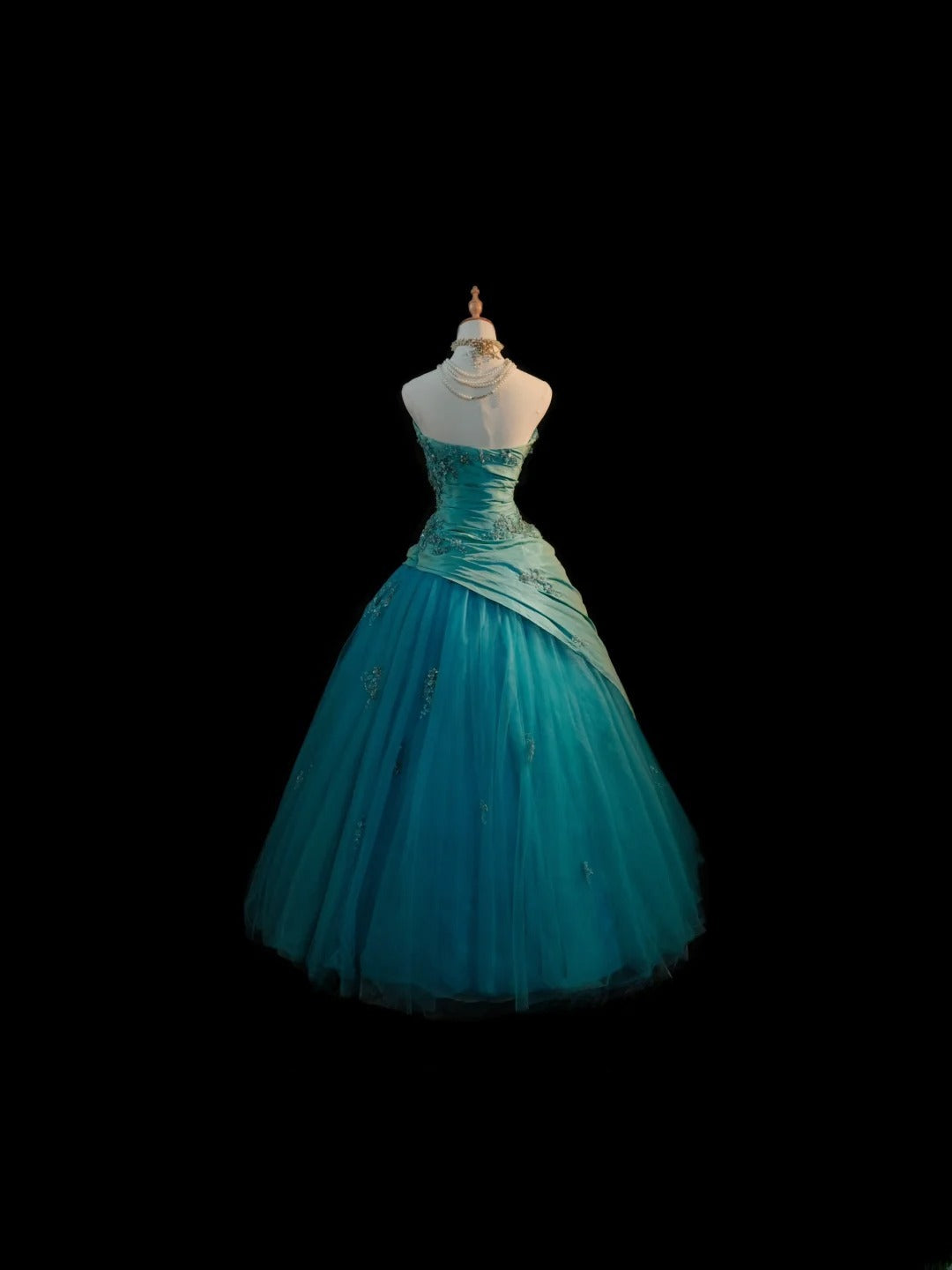 Niedliches Ballkleid, trägerlos, blaues Taft mit Applikationen, langes ärmelloses Sweet 16 Kleid, Seventeen Quince Kleid RB3584
