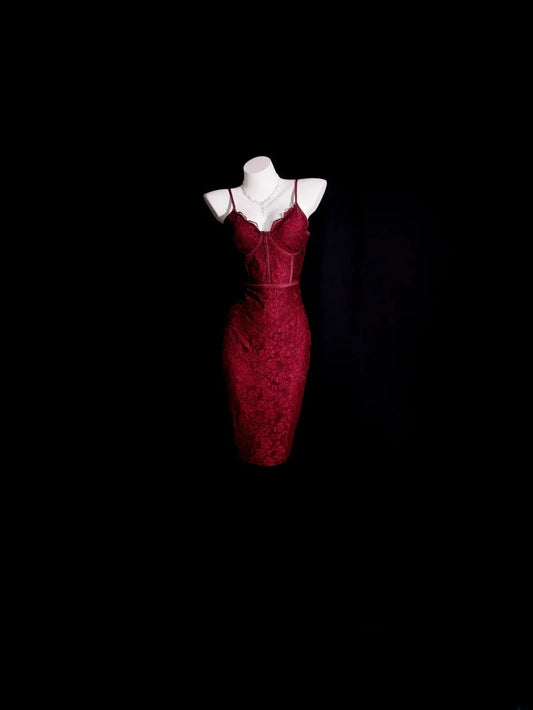 Vintage Hoco Dress Sheath Spaghetti Straps Burgundy Tight Bodycon Homecoming Party Dress RB9980