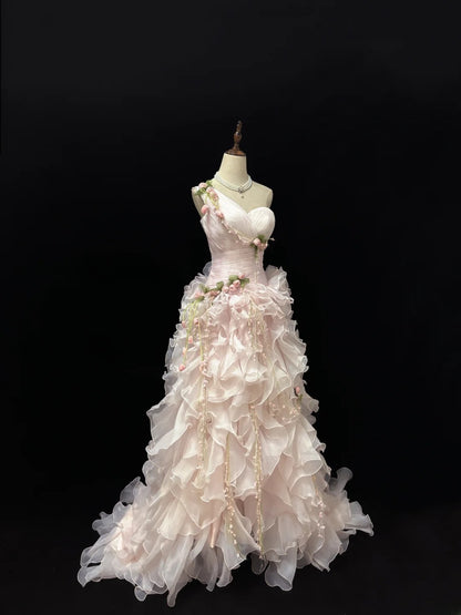 Modest Ball Gown One Shoulder Pink With Tiered Layers Chiffon Quince Dress Voluminous Sweet 16 Sweet Sixteen Outfits Vestido de 15 RB7507