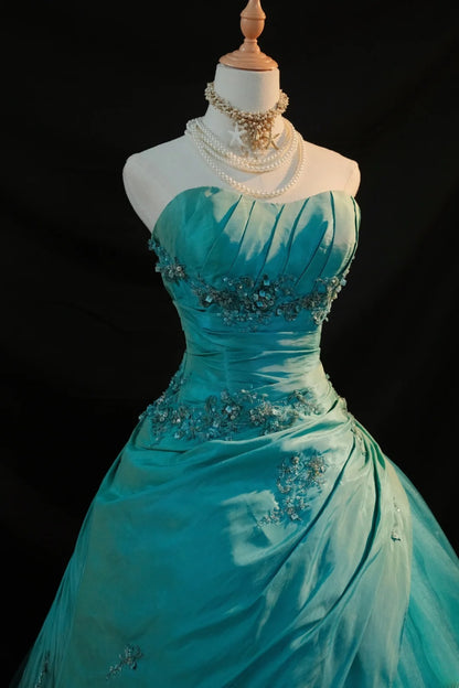 Niedliches Ballkleid, trägerlos, blaues Taft mit Applikationen, langes ärmelloses Sweet 16 Kleid, Seventeen Quince Kleid RB3584