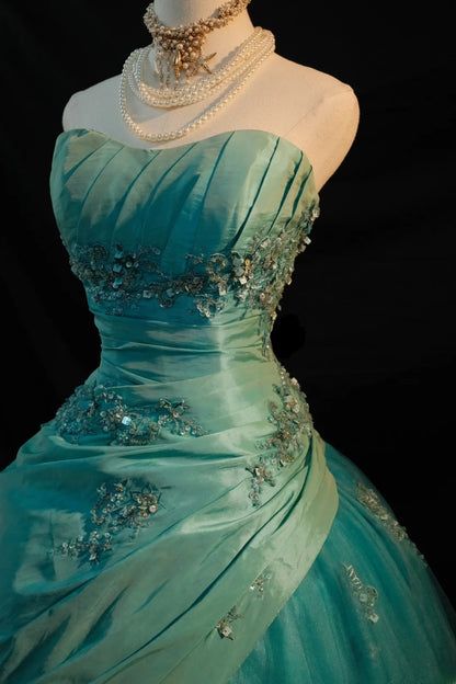Niedliches Ballkleid, trägerlos, blaues Taft mit Applikationen, langes ärmelloses Sweet 16 Kleid, Seventeen Quince Kleid RB3584