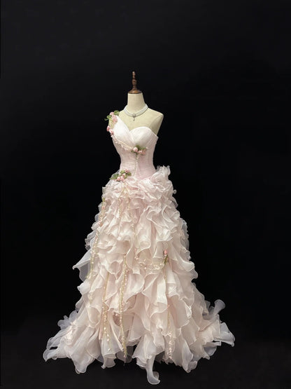 Modest Ball Gown One Shoulder Pink With Tiered Layers Chiffon Quince Dress Voluminous Sweet 16 Sweet Sixteen Outfits Vestido de 15 RB7507
