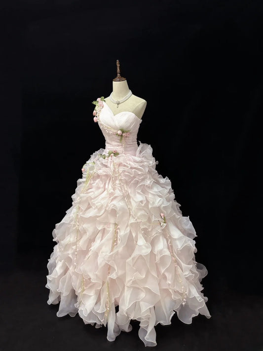 Bescheidenes Ballkleid, schulterfrei, Pink, mit gestuften Chiffon-Lagen, Quince-Kleid, voluminös, Sweet 16 Outfit, Vestido de 15, RB7507