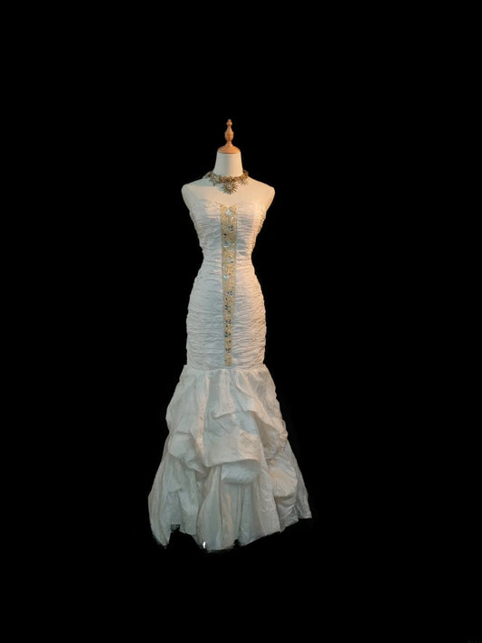 Vintage Princess Wedding Dress Mermaid Strapless White Taffeta With Beading Brides Gown Long Bridal Dress RB5800
