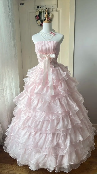 Dezentes, langes trägerloses Ballkleid zum 16. Geburtstag aus rosa Tüll mit gestuften Lagen, Sweet Sixteen Partykleid RC0503