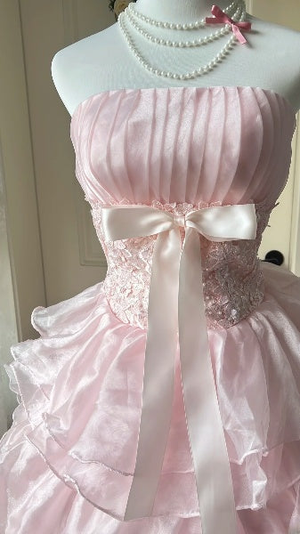 Modest Sweet 16 Dress Long Strapless Pink Tulle With Tiered Layers Ball Gown Sweet Sixteen Party Birthday Dresses RC0503