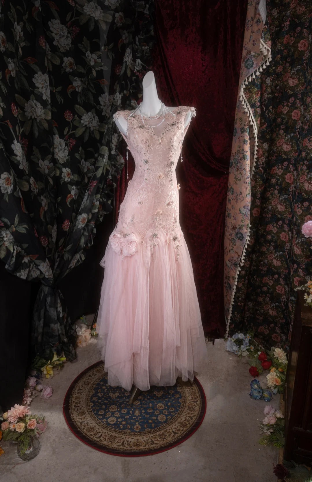 Vintage Mermaid Scoop Neck Pink Lace With Flowers Beading Long Prom Dresses Formal Outfits Evening Night Gown RB8142