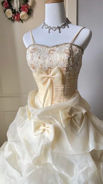 Quinceanera-Ballkleid für den 15. Geburtstag, Spaghettiträger, Gelb, mit Rüschen, langes Festkleid RC0504