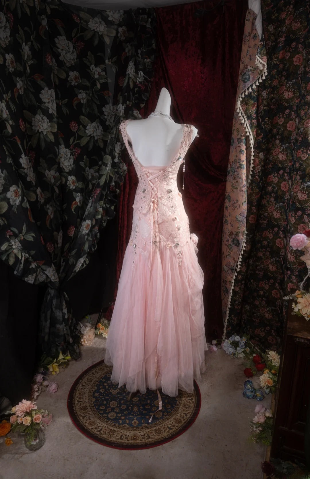 Vintage Mermaid Scoop Neck Pink Lace With Flowers Beading Long Prom Dresses Formal Outfits Evening Night Gown RB8142
