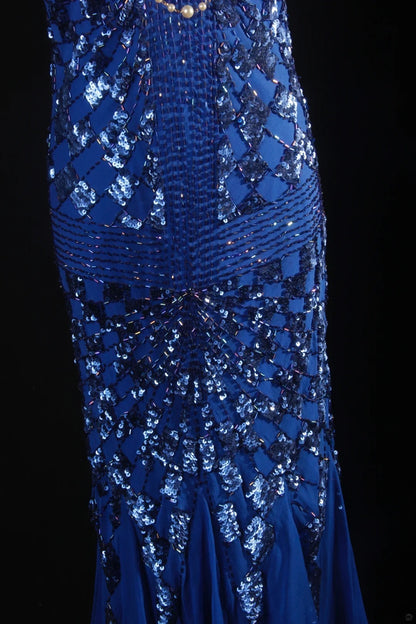 Retro-Kleid im Stil der 50er Jahre: Elegantes Etuikleid mit Spaghettiträgern, königsblau mit Schmuckperlen, ärmellos, mittellang, ideal für Abschlussball, Party oder festliche Anlässe (AS139).