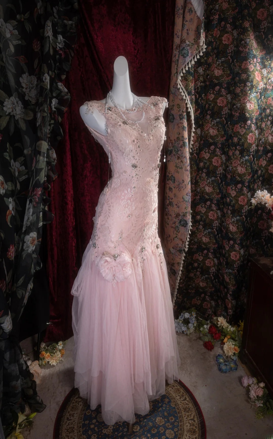 Vintage Mermaid Scoop Neck Pink Lace With Flowers Beading Long Prom Dresses Formal Outfits Evening Night Gown RB8142