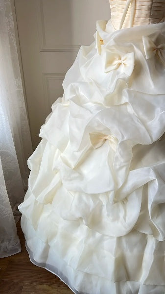 Quinceanera-Ballkleid für den 15. Geburtstag, Spaghettiträger, Gelb, mit Rüschen, langes Festkleid RC0504