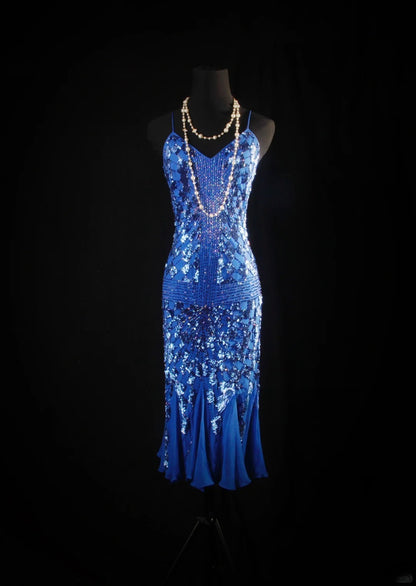 Retro-Kleid im Stil der 50er Jahre: Elegantes Etuikleid mit Spaghettiträgern, königsblau mit Schmuckperlen, ärmellos, mittellang, ideal für Abschlussball, Party oder festliche Anlässe (AS139).