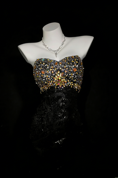 Black Prom Dress Mermaid Sweetheart Organza With Beading Floor Length Formal Party Gown RB9934