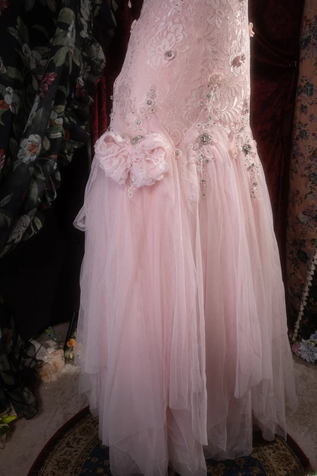 Vintage Mermaid Scoop Neck Pink Lace With Flowers Beading Long Prom Dresses Formal Outfits Evening Night Gown RB8142